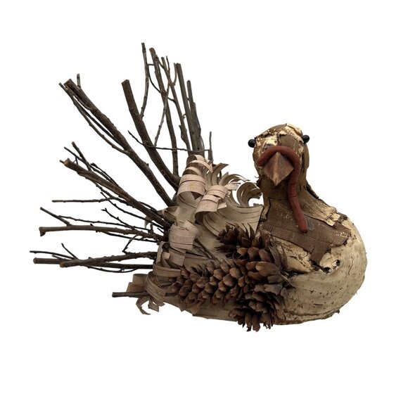 Vintage Handmade Set Rustic Turkey Figurines Bark Pinecone Folk Art Thanksgiving - Picture 11 of 16